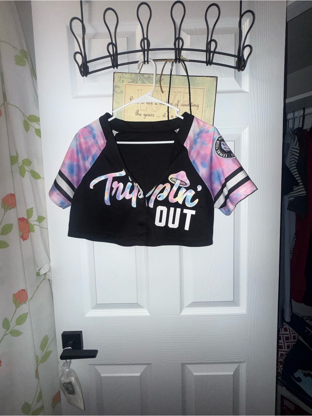 Spencer's Black Crop Top with Pink & Blue Tie-Dye Sleeves